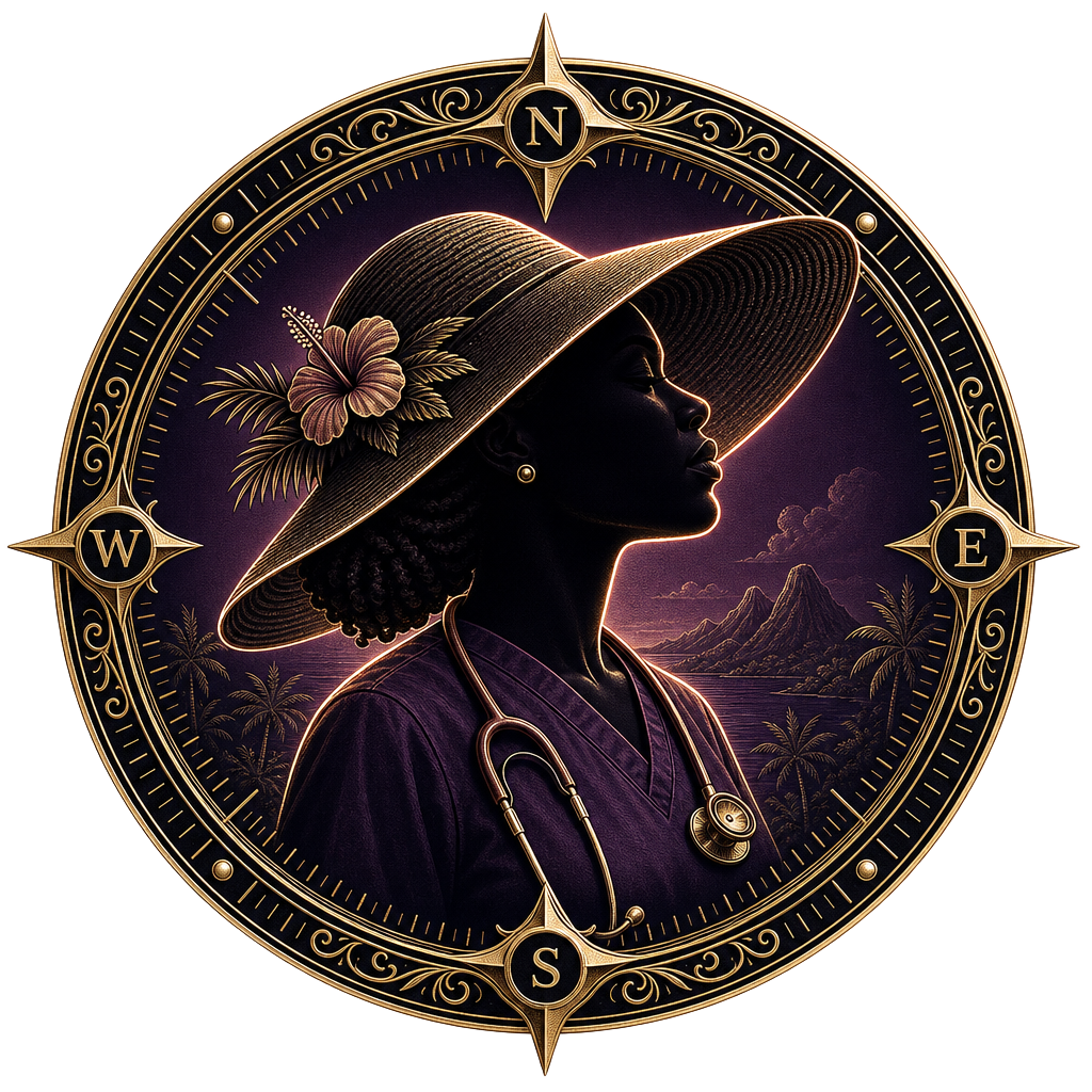 Nursing Education Compass — Caribbean nurse silhouette in a broad-brimmed hat with a stethoscope, framed by an ornate gold compass rose