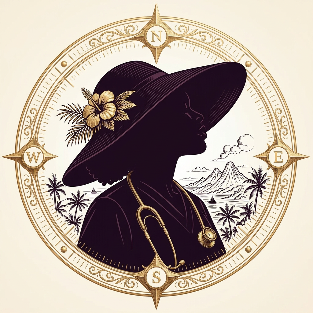 Nursing Education Compass — Caribbean nurse silhouette in a broad-brimmed hat with a stethoscope, framed by an ornate gold compass rose