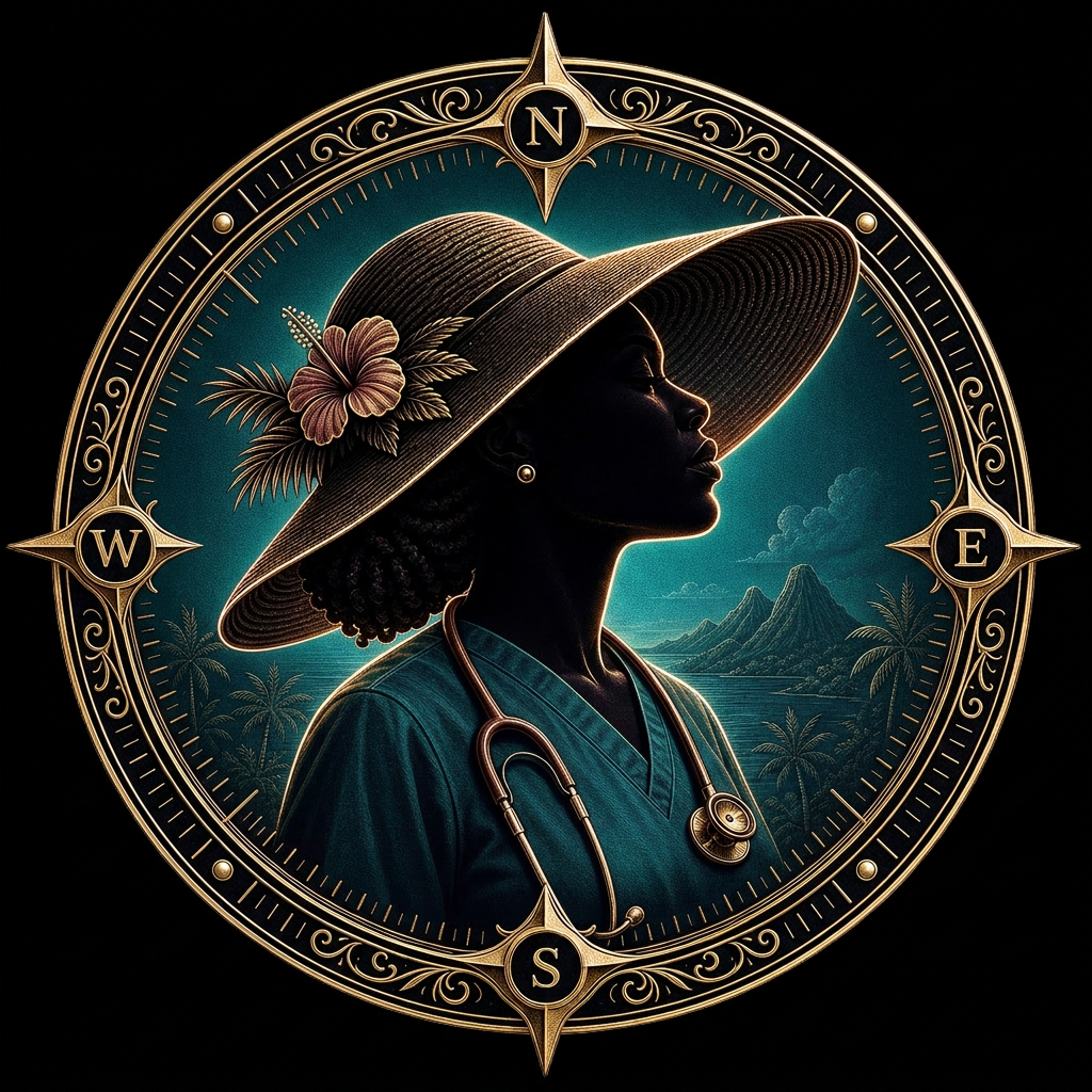 Nursing Education Compass — Caribbean nurse silhouette in a broad-brimmed hat with a stethoscope, framed by an ornate gold compass rose